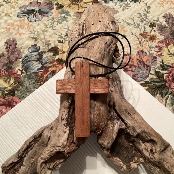 Simple Handcrafted Natural Wooden Cross Necklace 24” - Picture 2 of 5